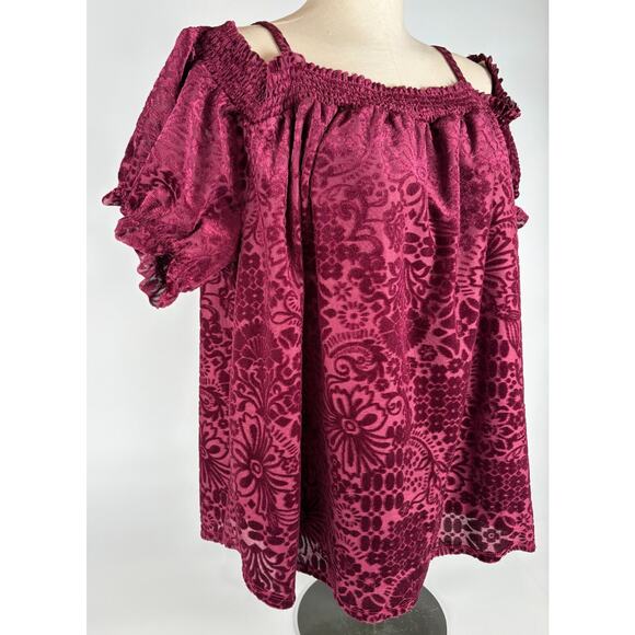 Velvet Burnout Top Purple Wine Cold Shoulder Blouse Whimsigoth 2X Dark Romantic - Picture 3 of 9